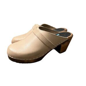 Lottas Sweden Beige Leather Slip On Clog Wooden Heels Size 9 EU39